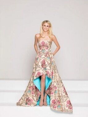 Colors Dress Beige Multi Floral Jacquard Embroidered Strapless Gown